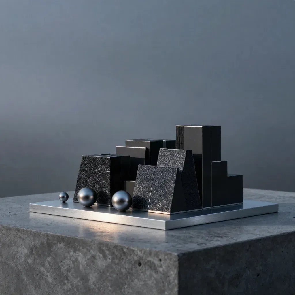 Matte-black architectural model with metal plates, spheres, and texture tiles in dramatic haze
