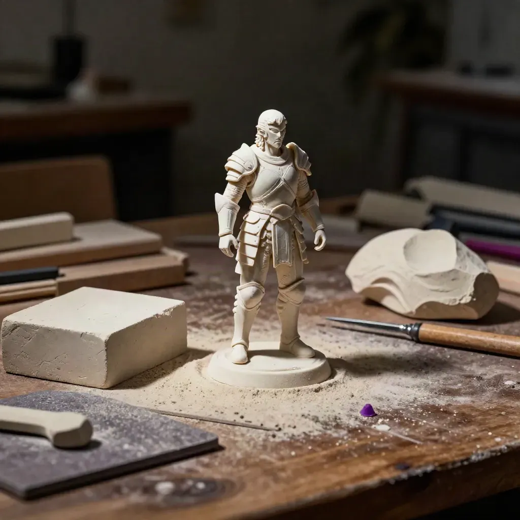 Resin miniature, clay block, sanding pad and base plate on a walnut bench in dramatic studio light.
