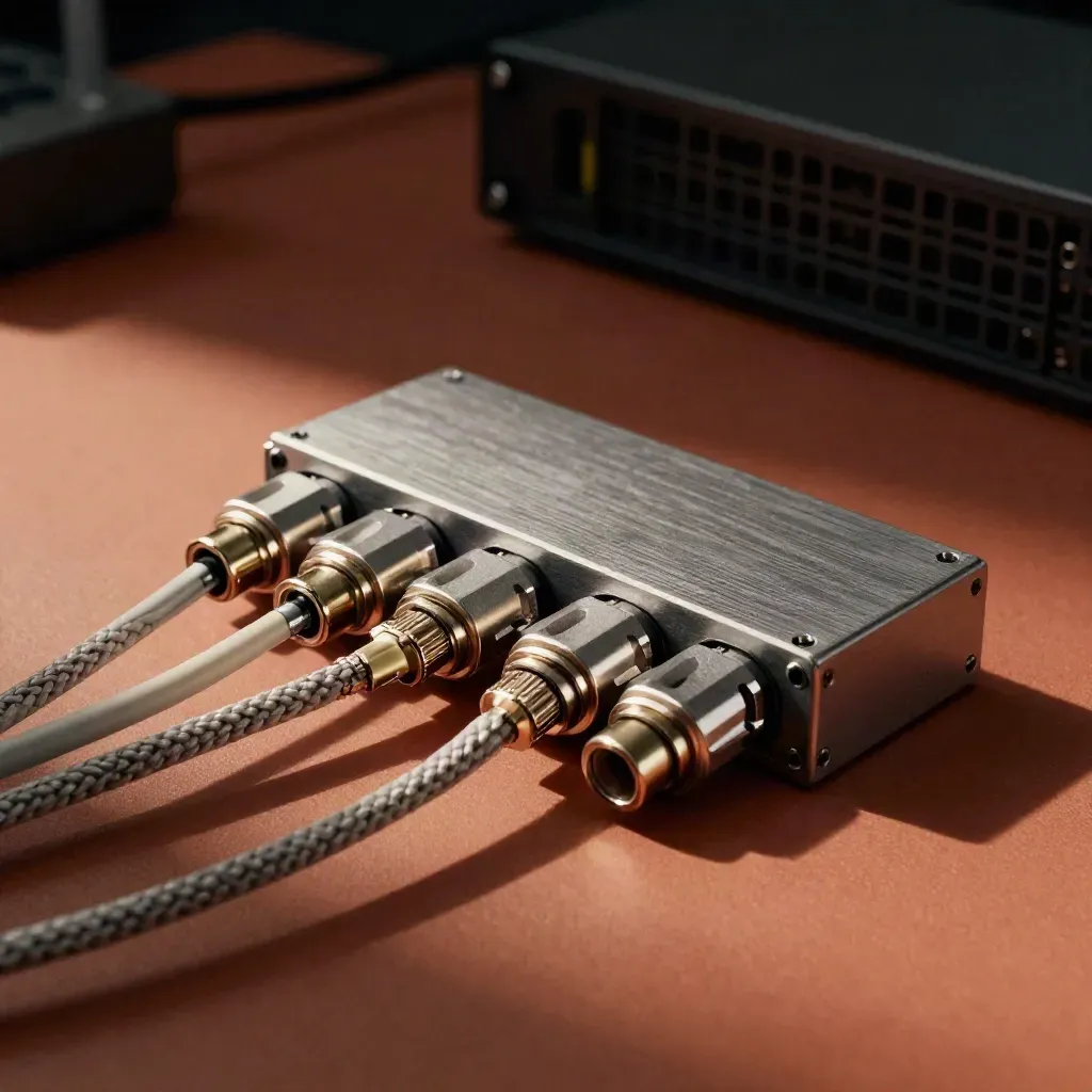 Silver server module, braided cables, and modular connectors on a terracotta workbench with dramatic light.